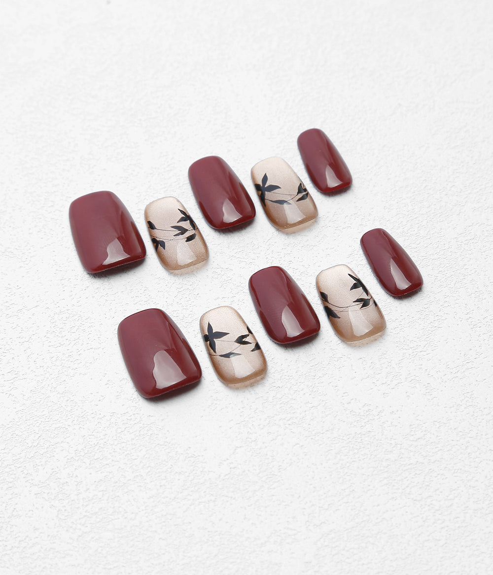 Square Shape Solid Color Plant Leaves Pattern Press-on Nails