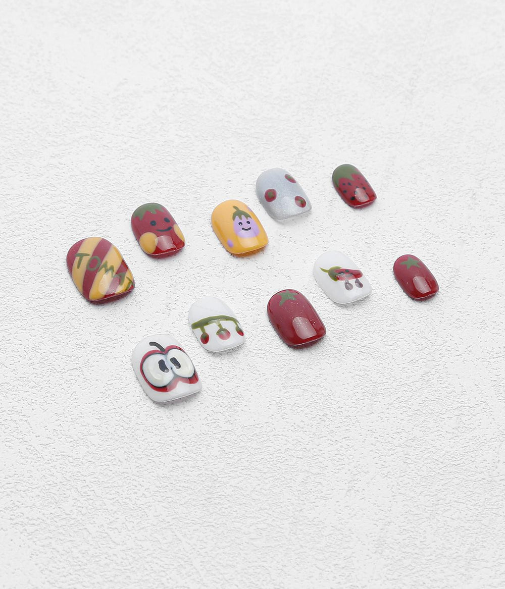 Squoval Shape Cute Style Letter Star Smiley Face Strawberry Chili Pattern Press-on Nails