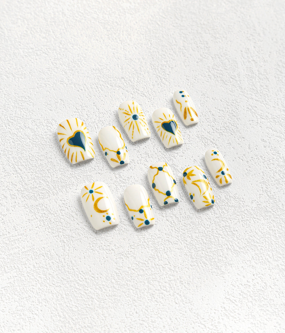 Square Shape Heart Sun And Moon Pattern Press-on Nails