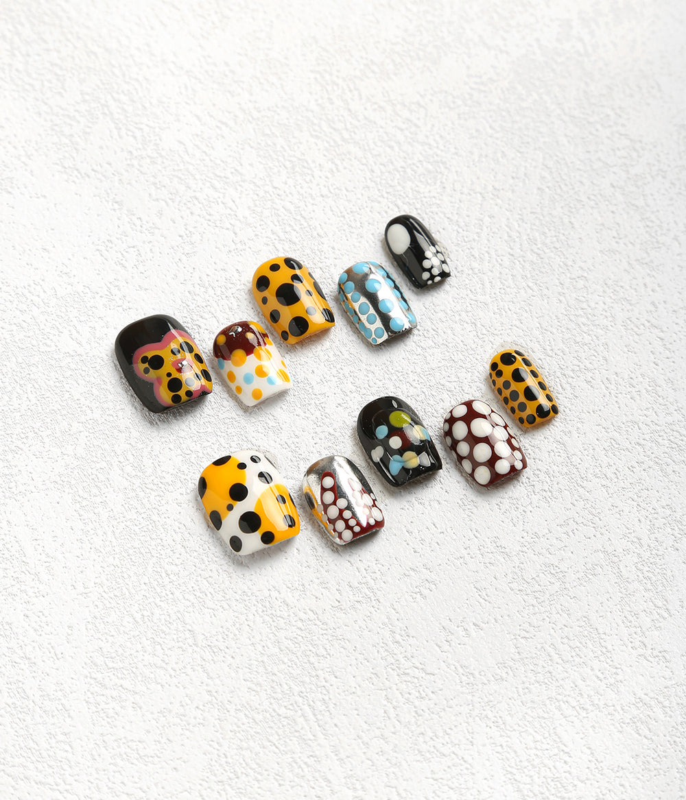 Square Shape Colorful Graffiti Dots Press-on Nails