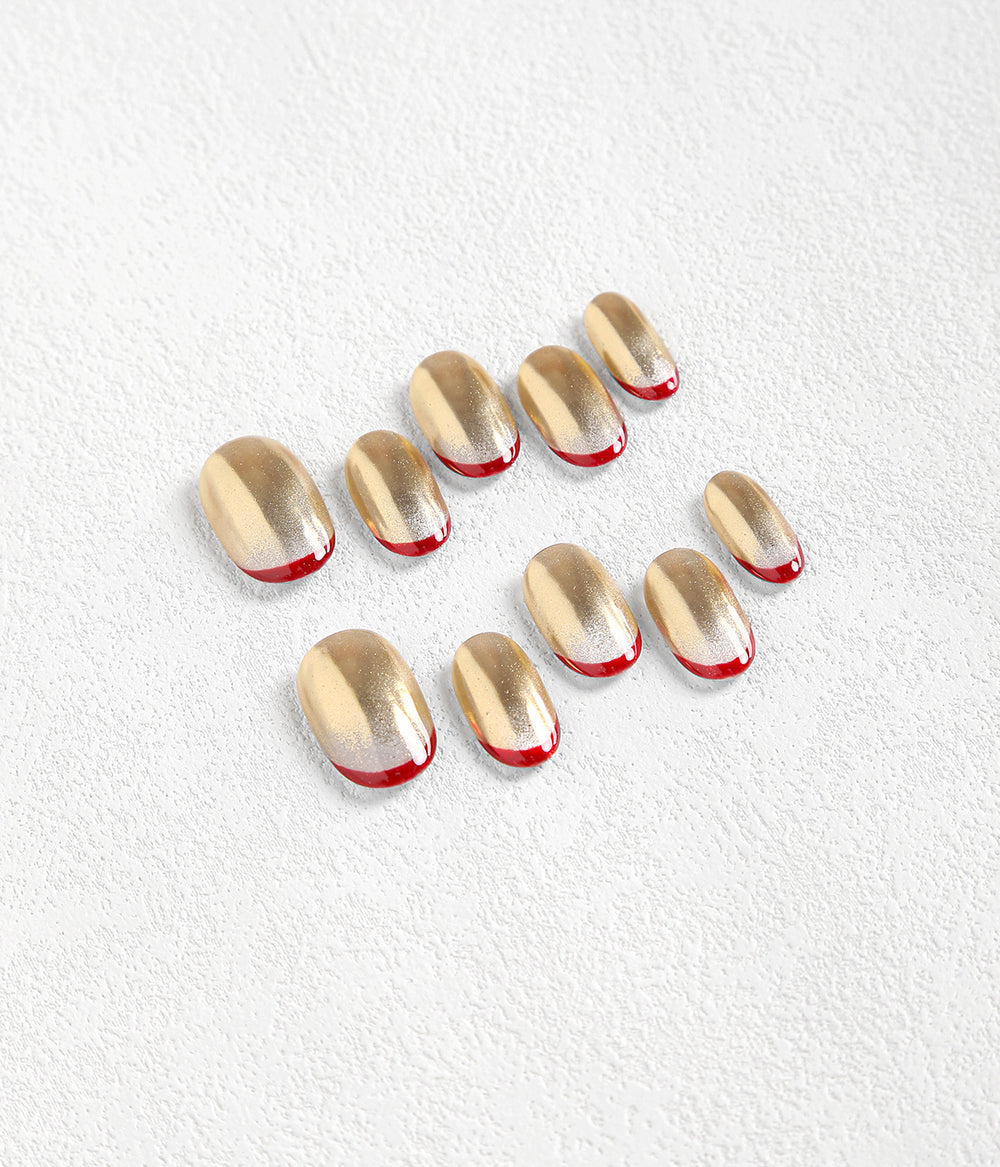 Squoval Shape Red Golden Glitter Press-on Nails