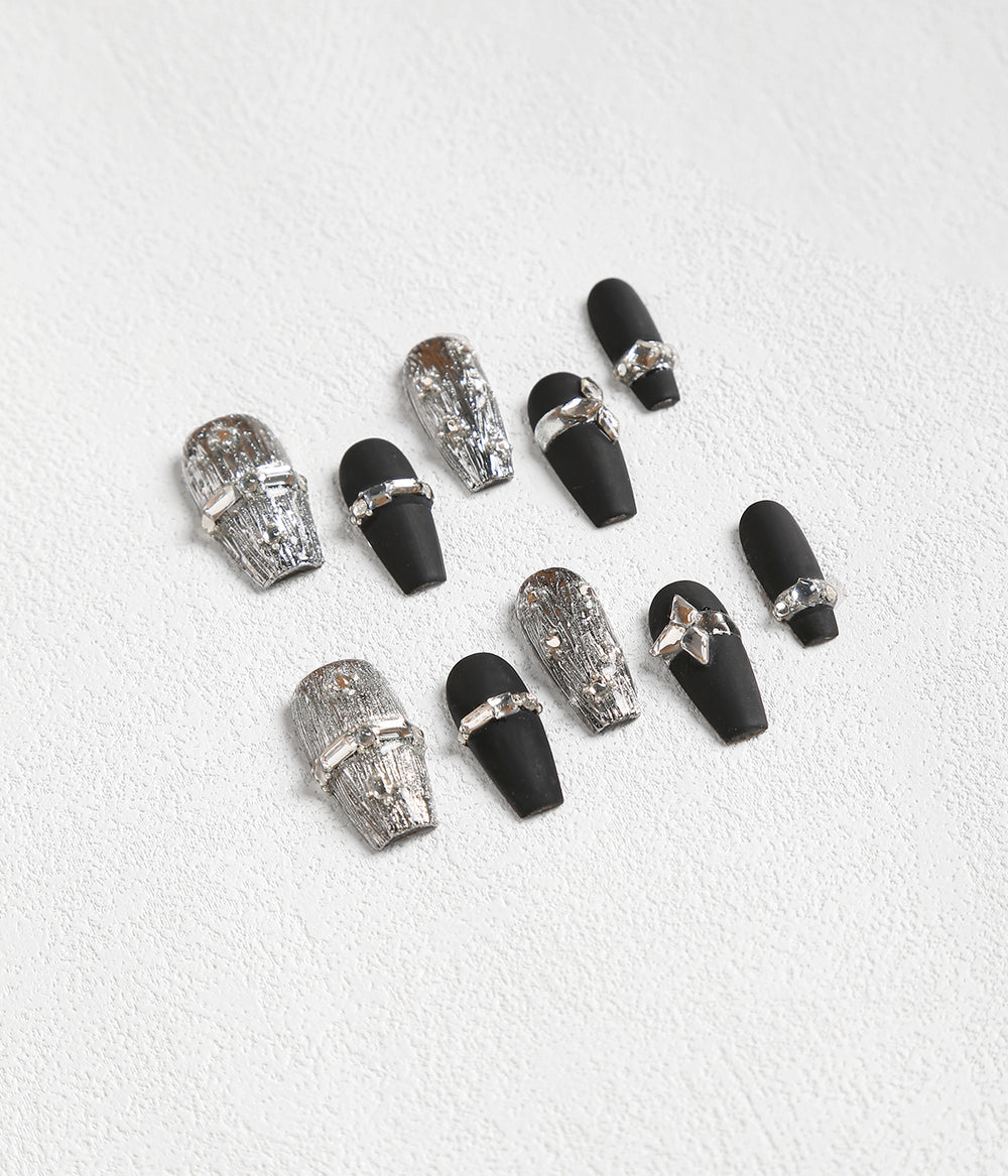 Coffin Shape Metallic Glitter Rhinestones Press-on Nails