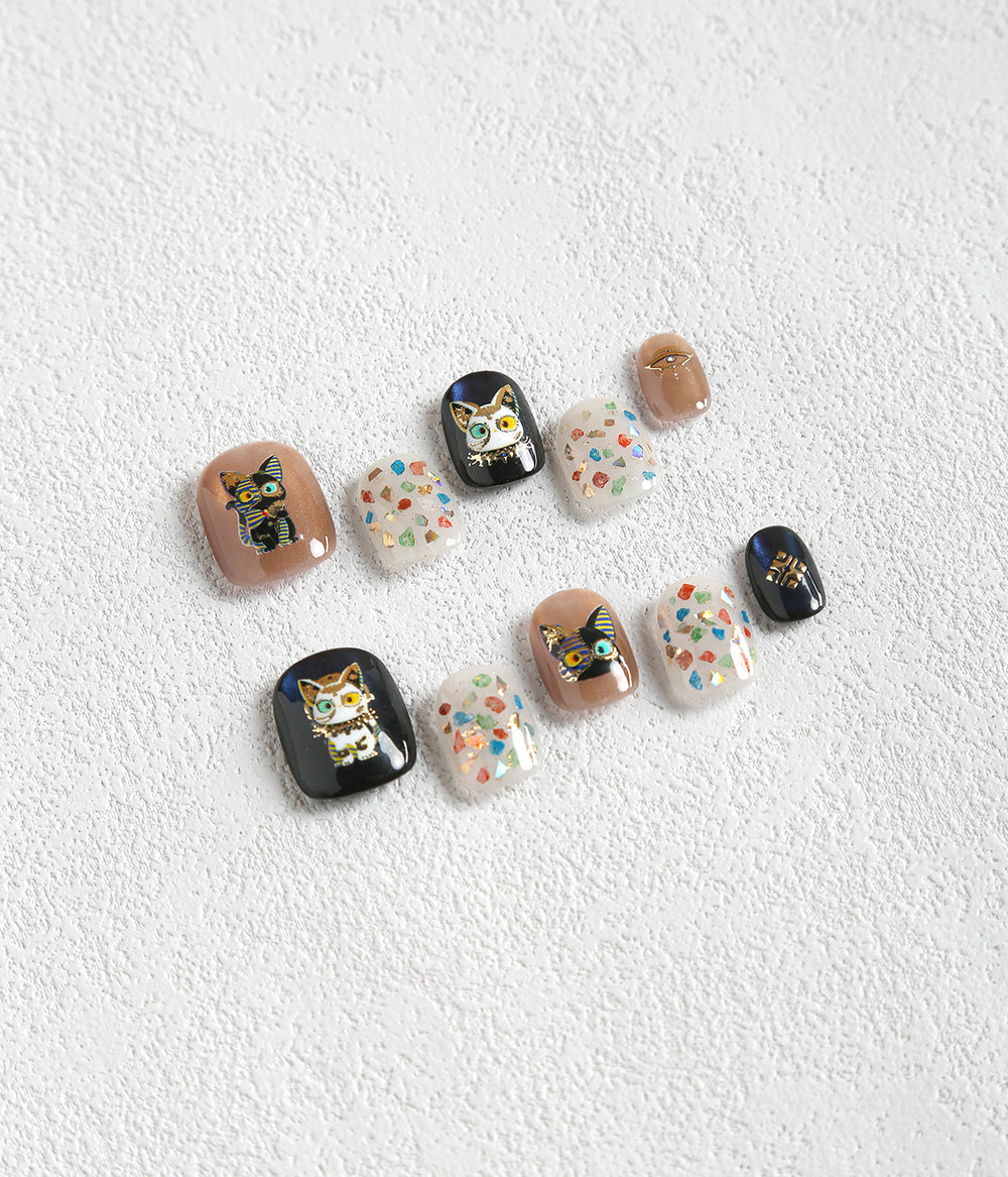 Squoval Shape Cute Style Cat Sequins Pattern Press-on Nails