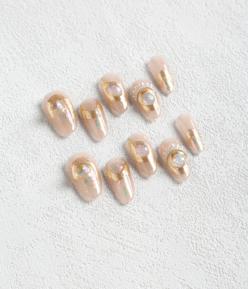 Almond Shape Hot Stamping Sequins Faux Pearls Design Press-on Nails