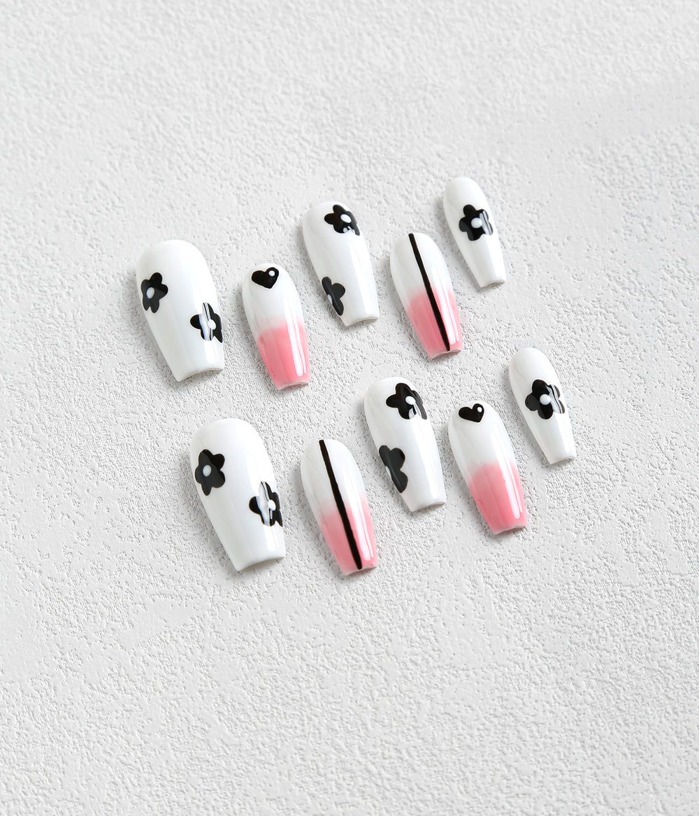 Coffin Shape Floral Heart Line Pattern Press-on Nails