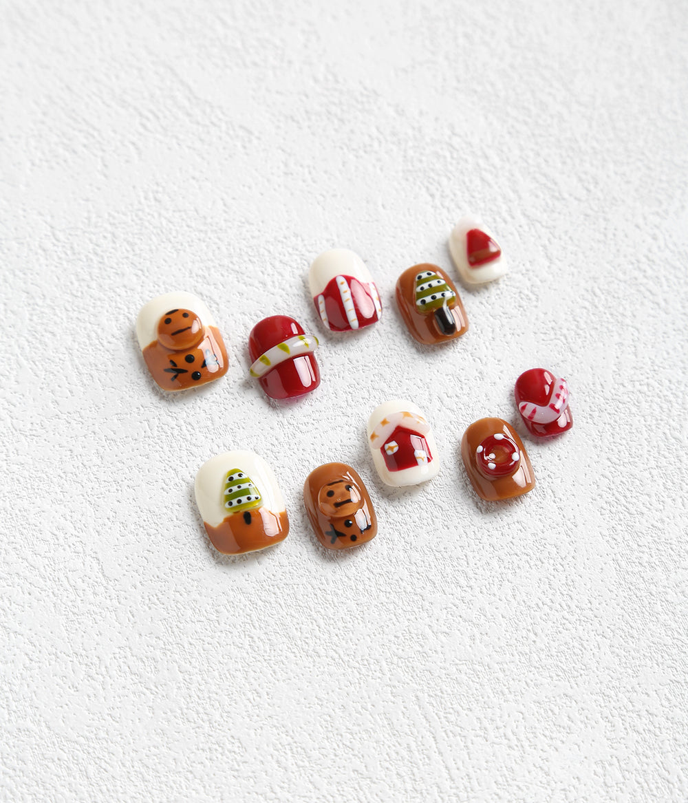 Squoval Shape Christmas Tree Gingerbread Man Press-on Nails