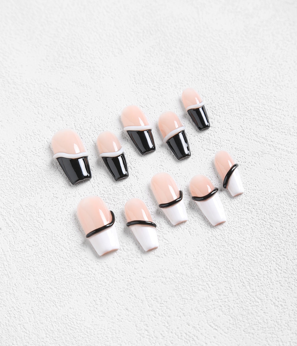 Coffin Shape French Style Colorblock Press-on Nails