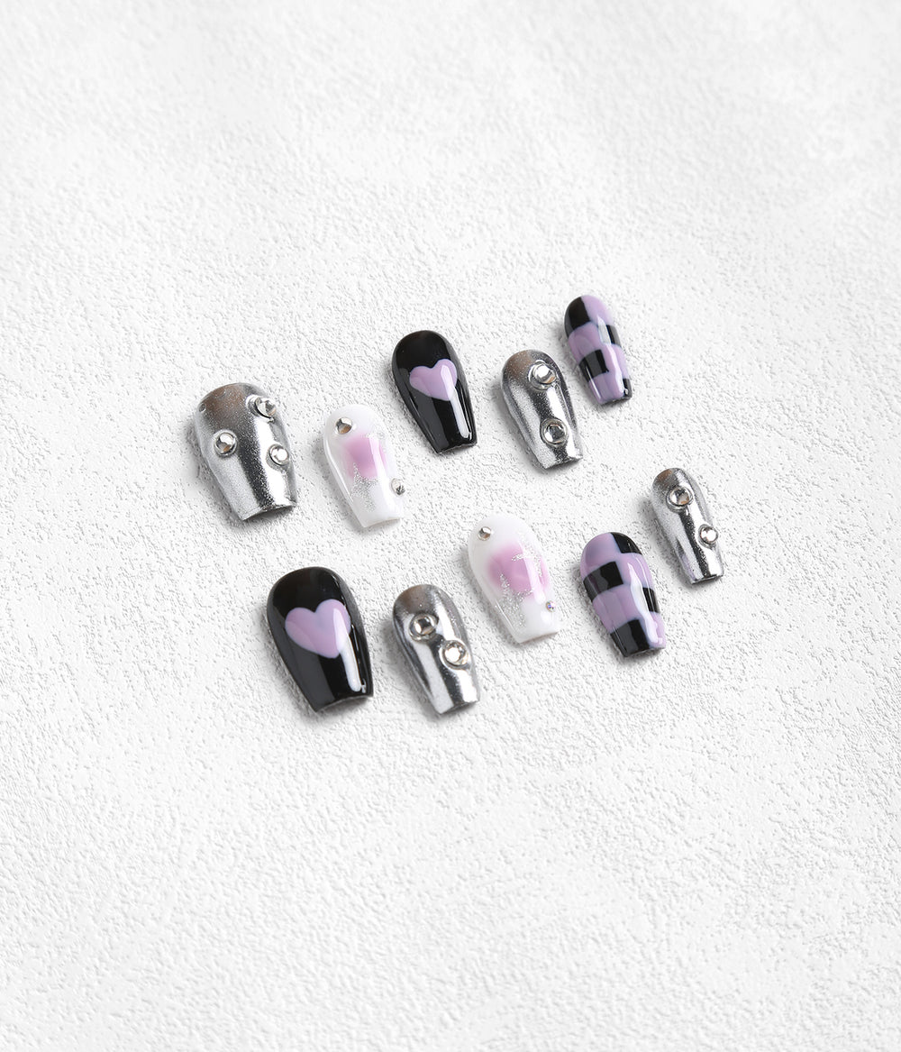 Coffin Shape Metallic Art Heart Rhinestones Design Press-on Nails